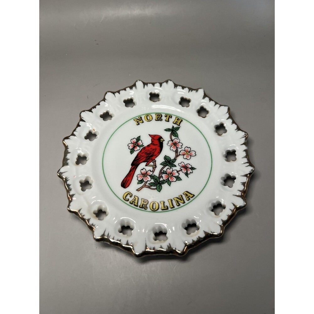North Carolina Souvenir Decorative Plate Cardinal Dogwood Reticulated Gold Trim